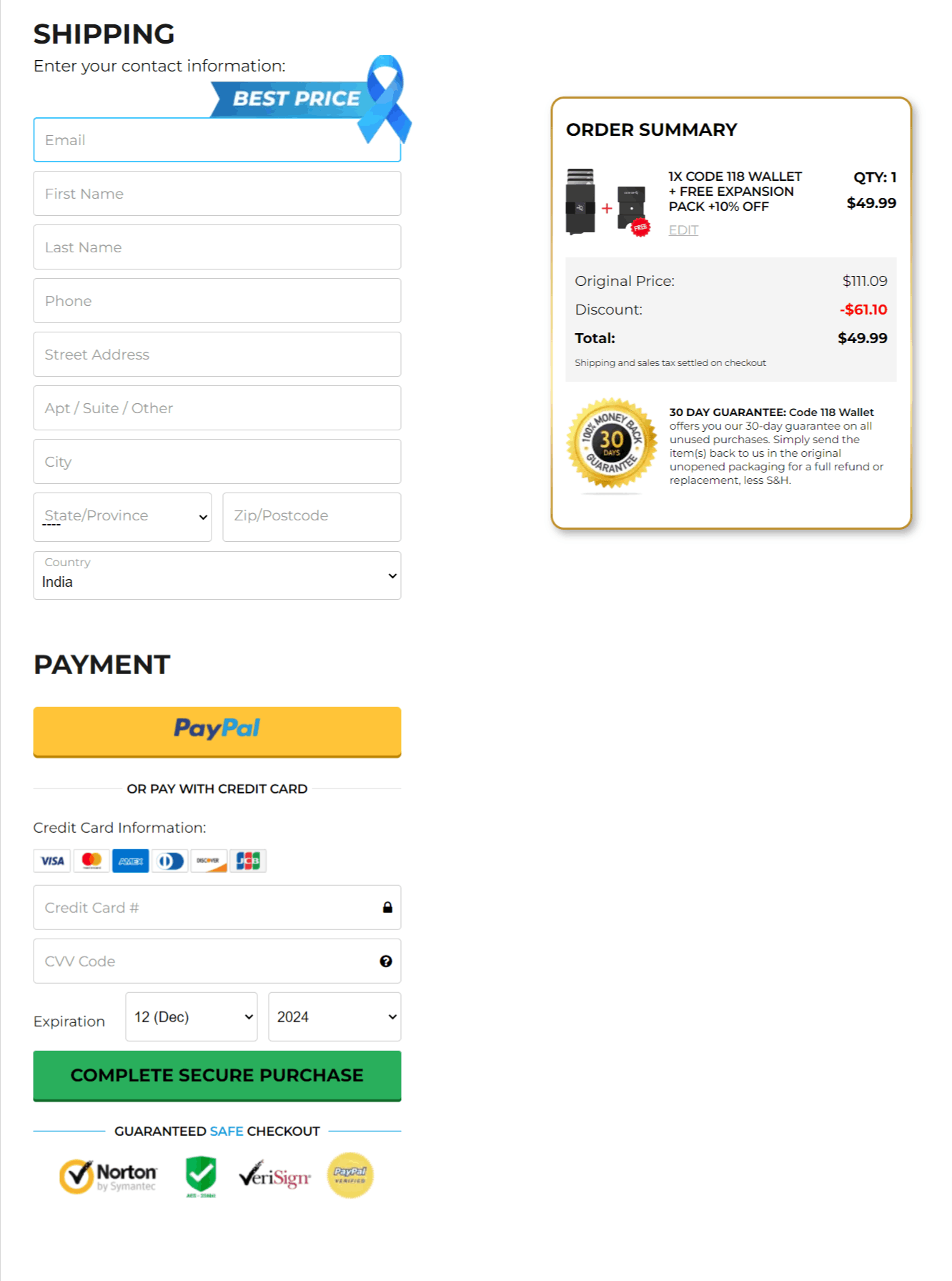 Code 118 Wallet checkout page